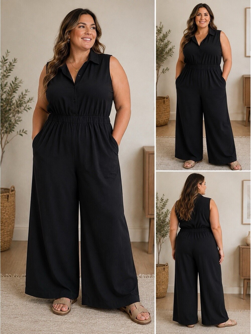 Lane Bryant Women’s 14/16 Black Wide Leg Jumpsuit Sleeveless Collared Stretch